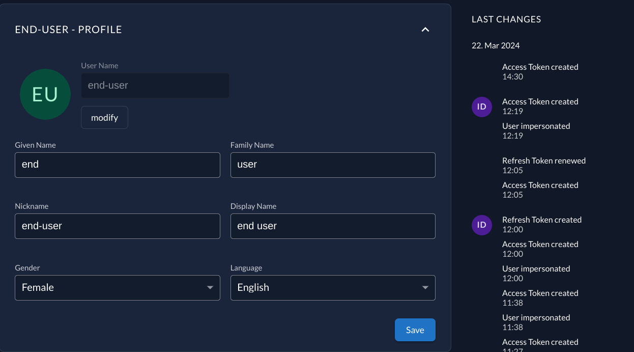 Screenshot showing the user audit log with token creation and impersonation